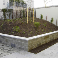 Mauer hinter der ein Beet mit Büschen und einem Baum bepflanzt ist